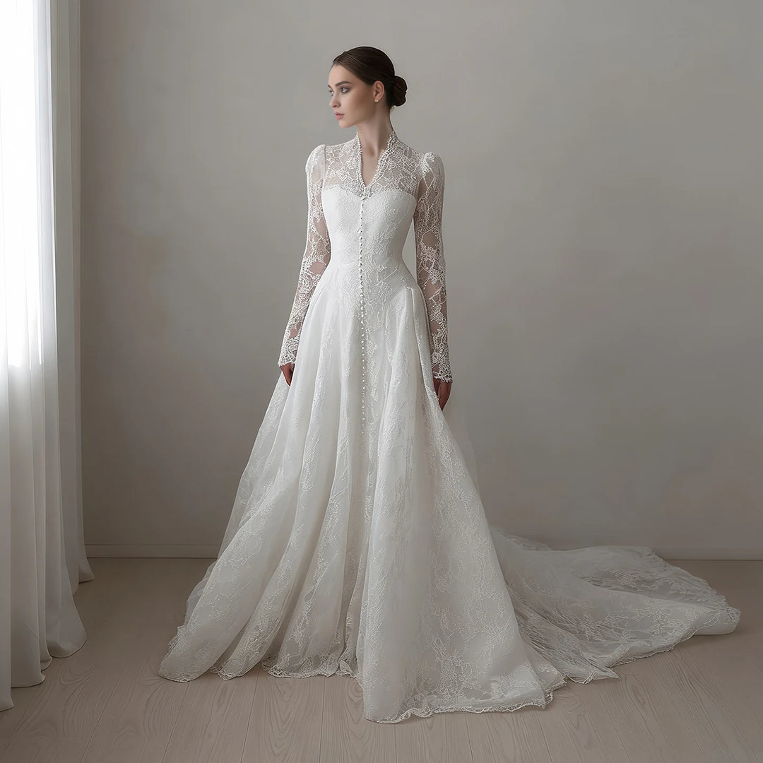 White A-line lace wedding dress with long sleeves and buttoned V-neck bodice