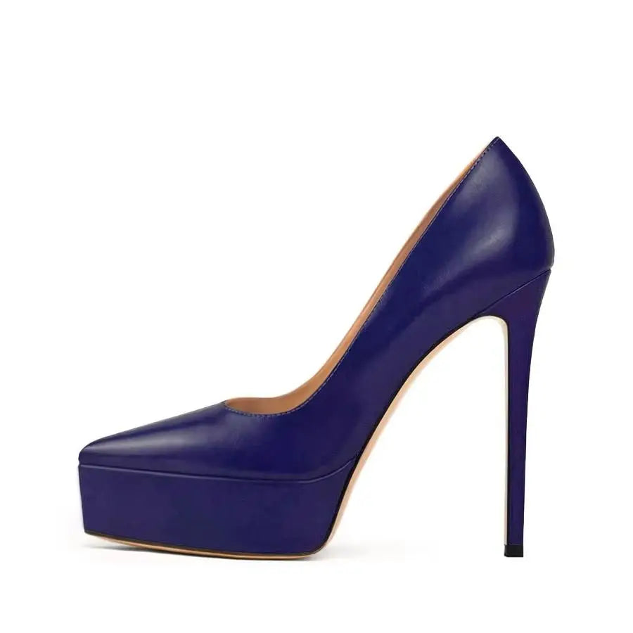 Blue high-heel PU pump with pointed toe and tall stiletto heel