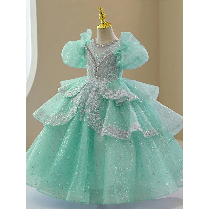Sparkly Beaded Ruffle Tulle Girl's Gown