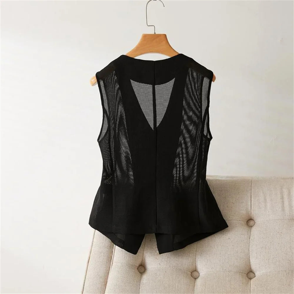 Black sleeveless short waistcoat, back view with V-shape mesh panel
