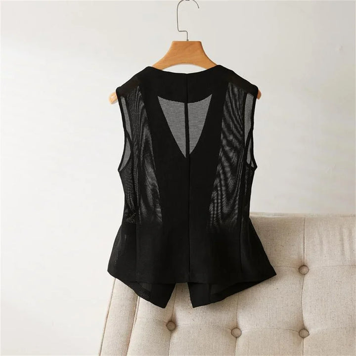 Black sleeveless short waistcoat, back view with V-shape mesh panel