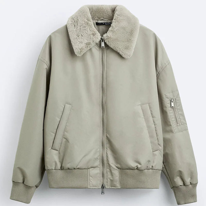 Light gray bomber jacket with fur collar on a white background