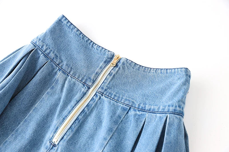 High-Waist Denim Pleated Mini Skirt