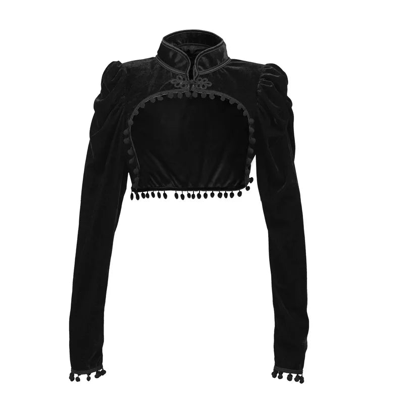 Black long-sleeve velvet crop top with high collar, lace trim, and tassel hem
