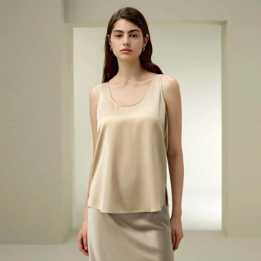 Women’s silk relaxed tank top, light apricot beige, sleeveless scoop neck