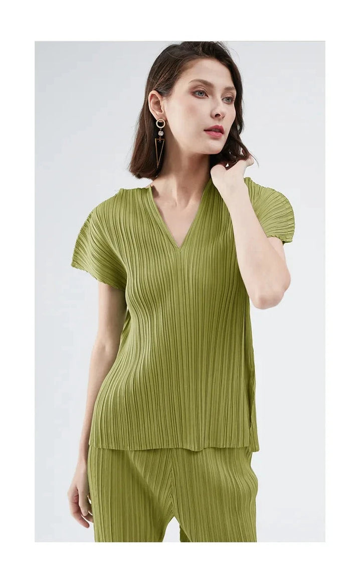 Small V-Neck Pleated Tops