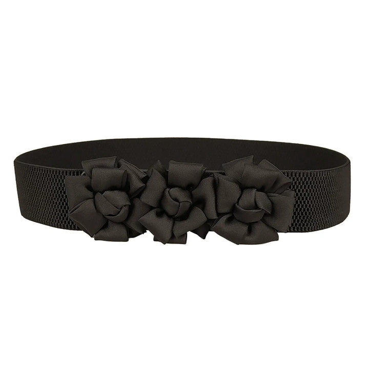 Black corset waist belt with three fabric flower appliques across the front