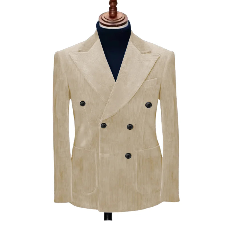 Men's formal suit blazer in beige with double-breasted look and black buttons
