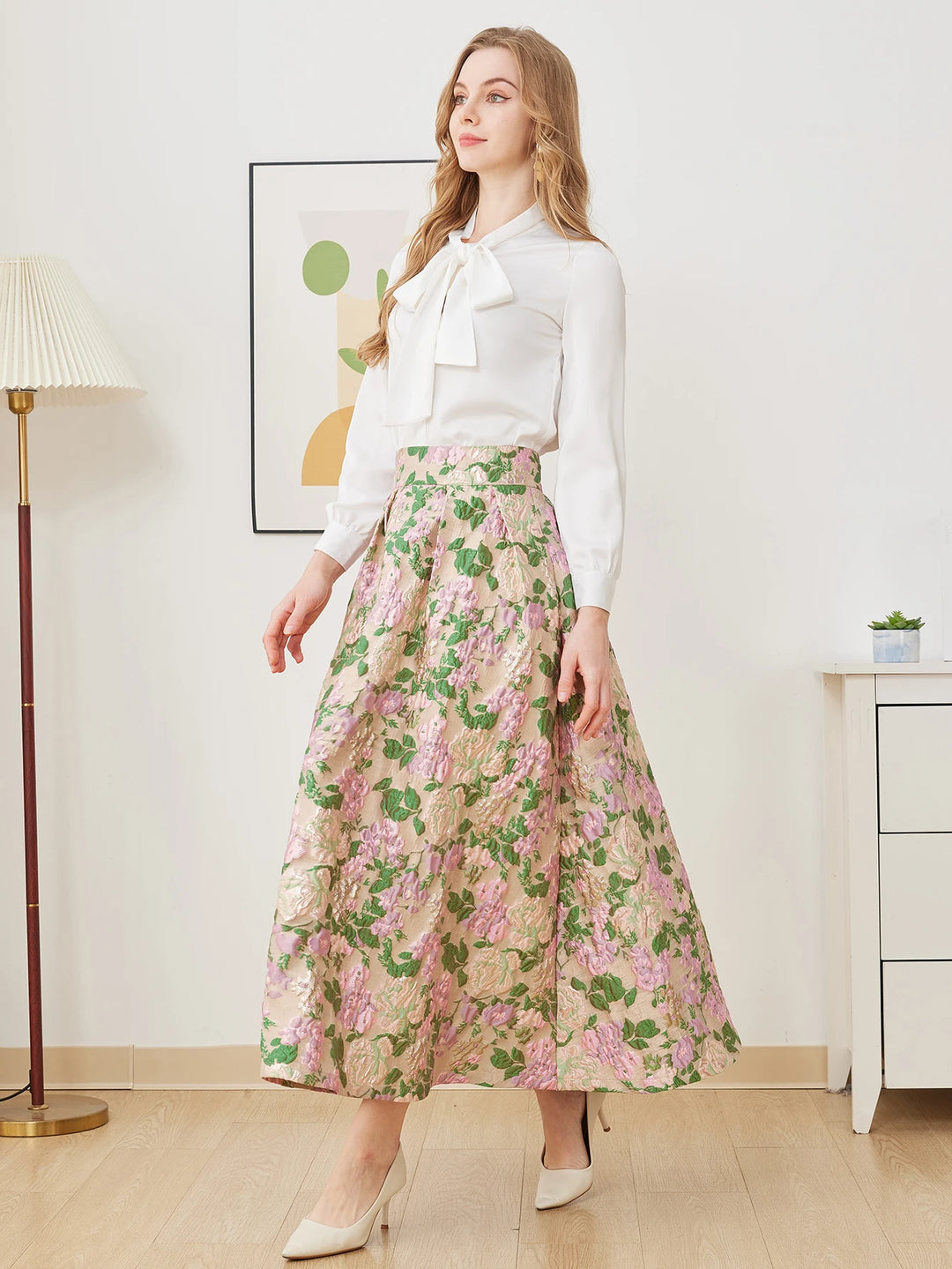 Charming Pleated Jacquard Skirt Suit