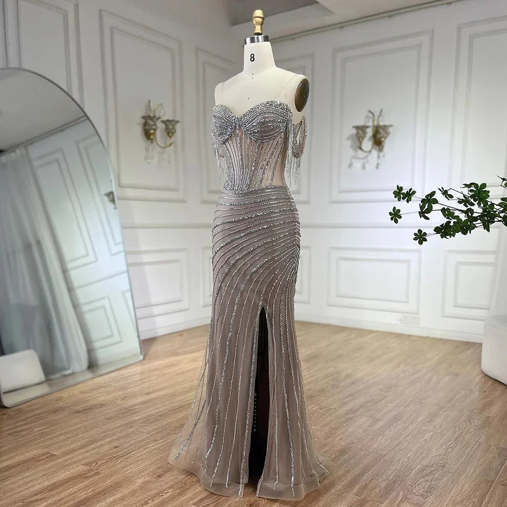 Boat Neck Elegant Beaded Evening Gown