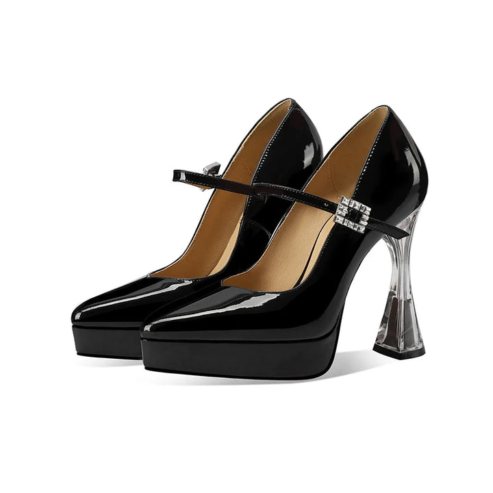 Black patent leather platform heel pumps, pair view, with ankle strap and square buckle