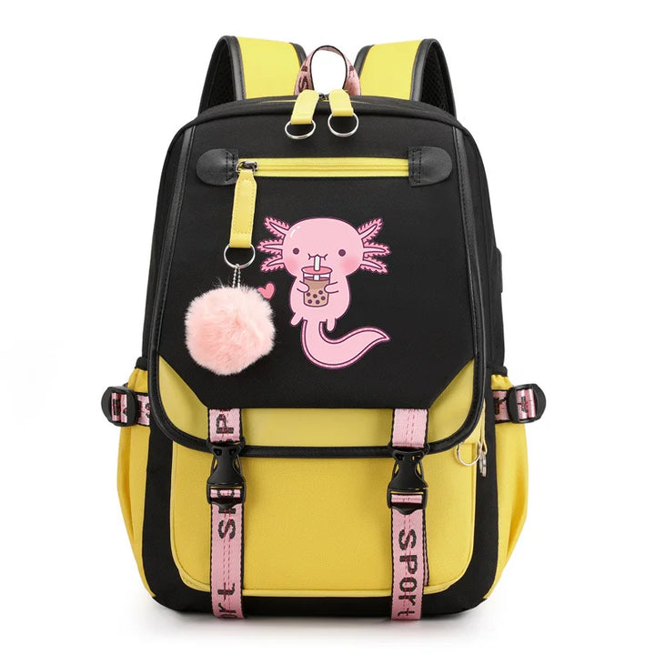 Black and yellow travel backpack with pink cartoon character and fuzzy pom-pom front