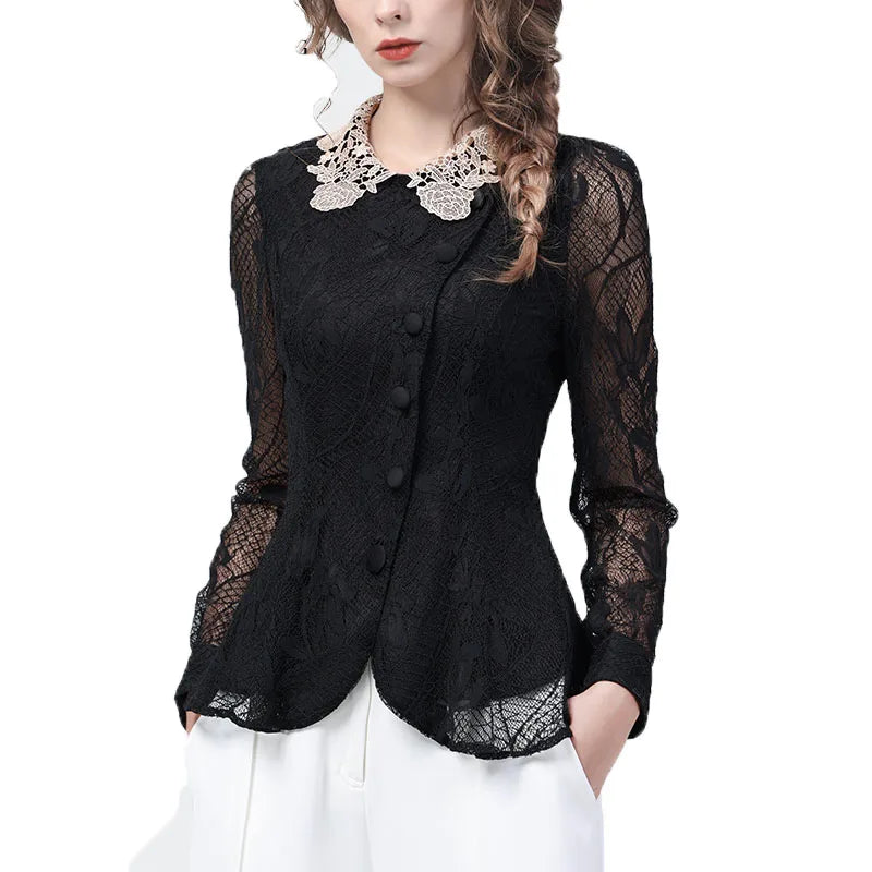 Stylish Hollow Out Black Lace Blouse