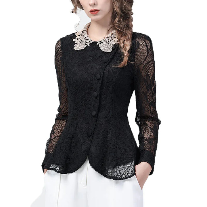 Stylish Hollow Out Black Lace Blouse