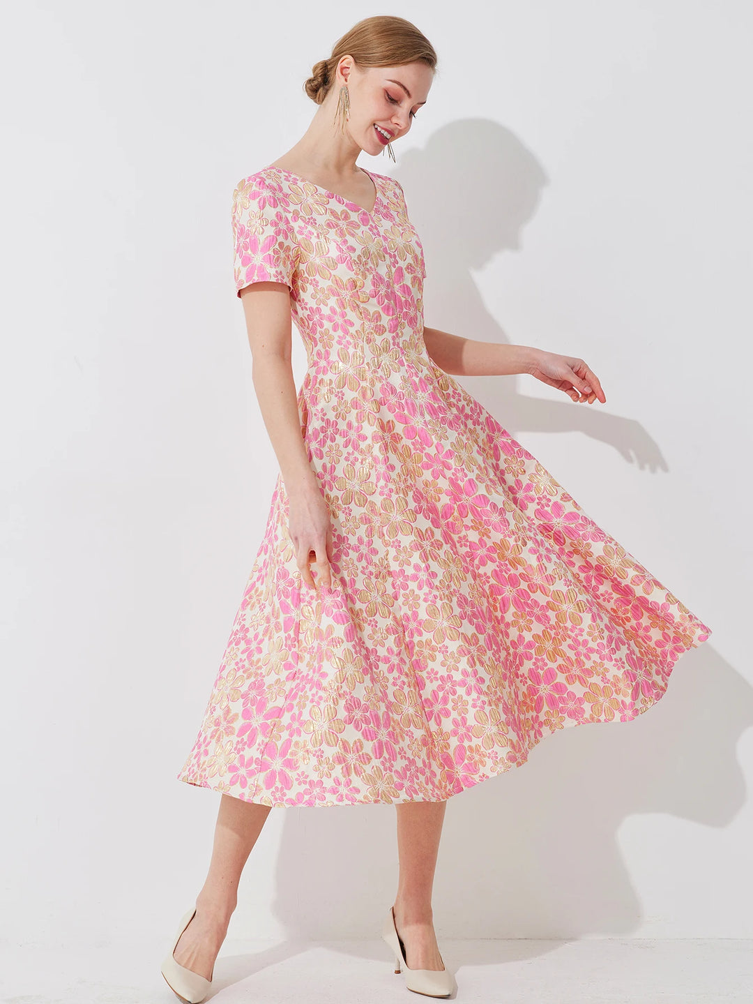 Artistic Floral Waist-Cinched Evening Dress