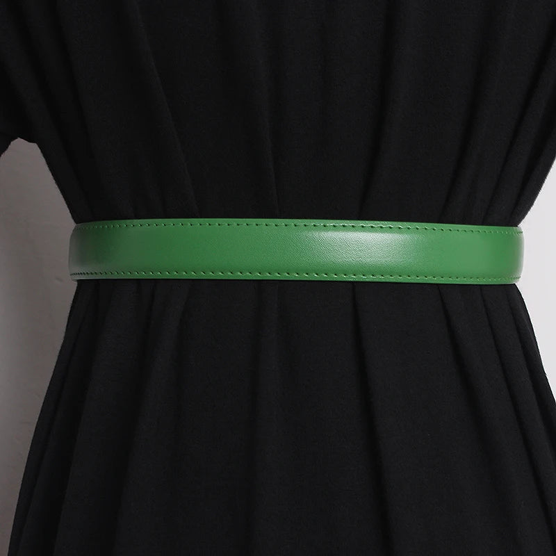 Green narrow leather waist belt, flat strap with perforated adjustment holes