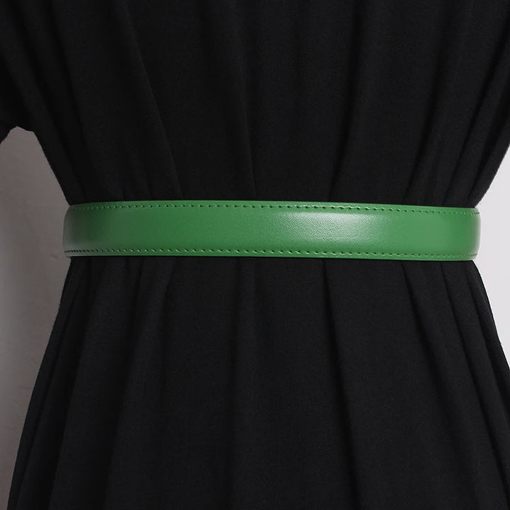 Green narrow leather waist belt, flat strap with perforated adjustment holes