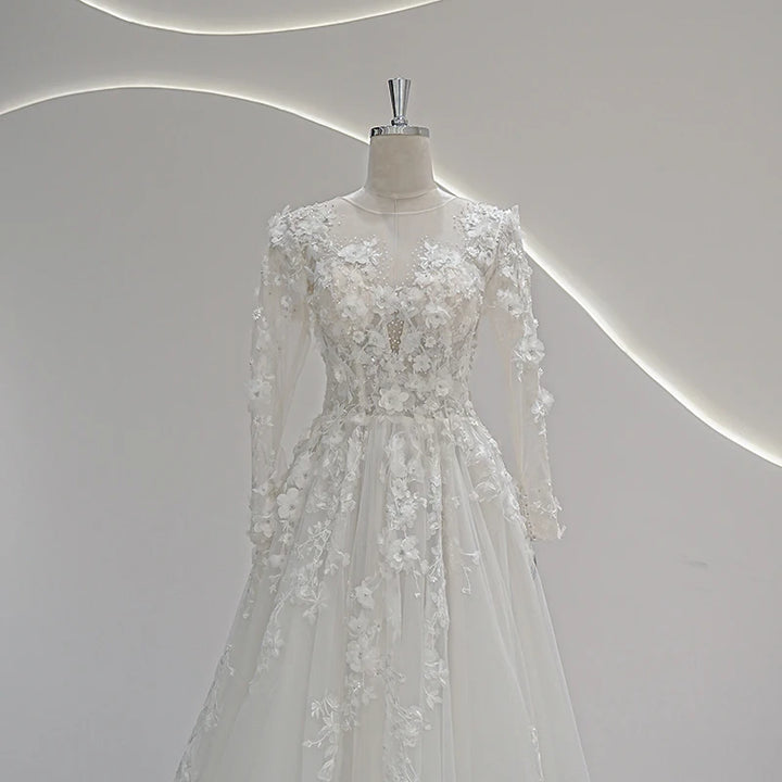 Elegant Crystal Beads Long Sleeve Wedding Dress