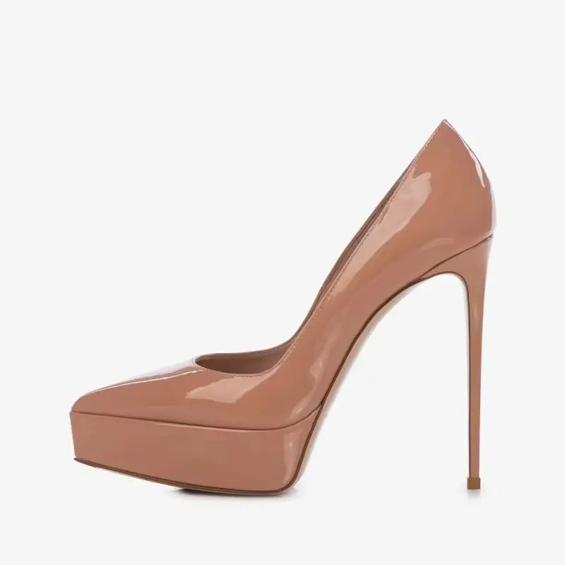 Women’s patent leather platform heel pumps, nude brown, pointed toe and high stiletto heel