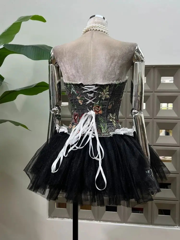 Elegant Mesh Tulle Swan Corset Two Piece Dress