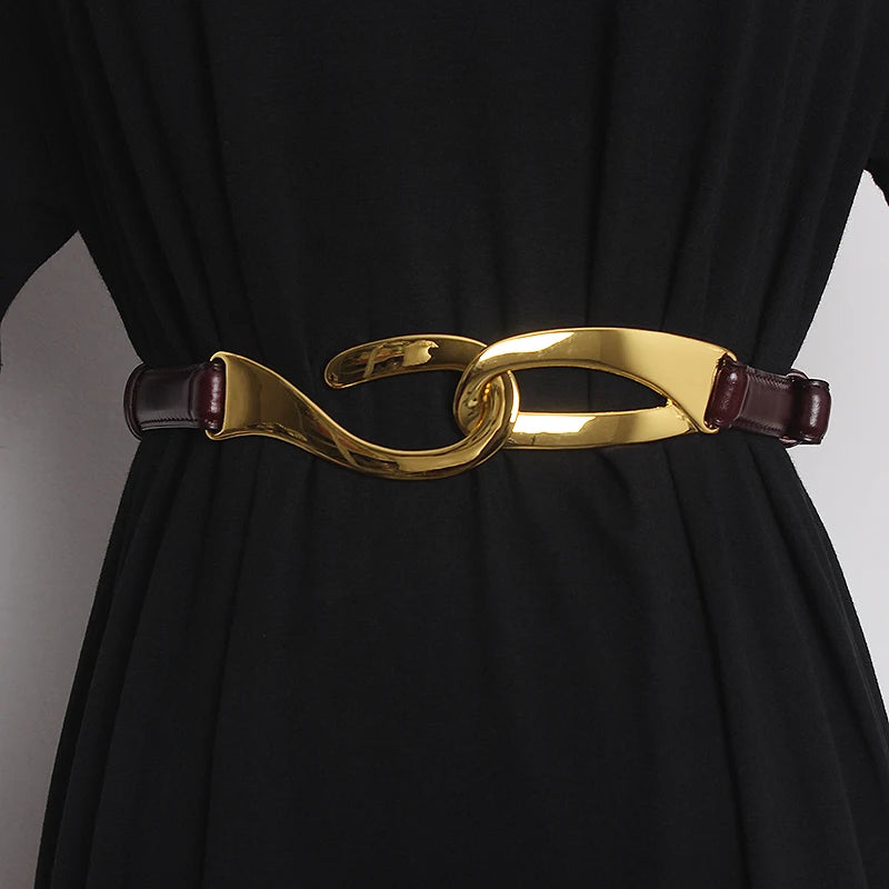 Leather corset waist belt with gold buckle and burgundy leather straps