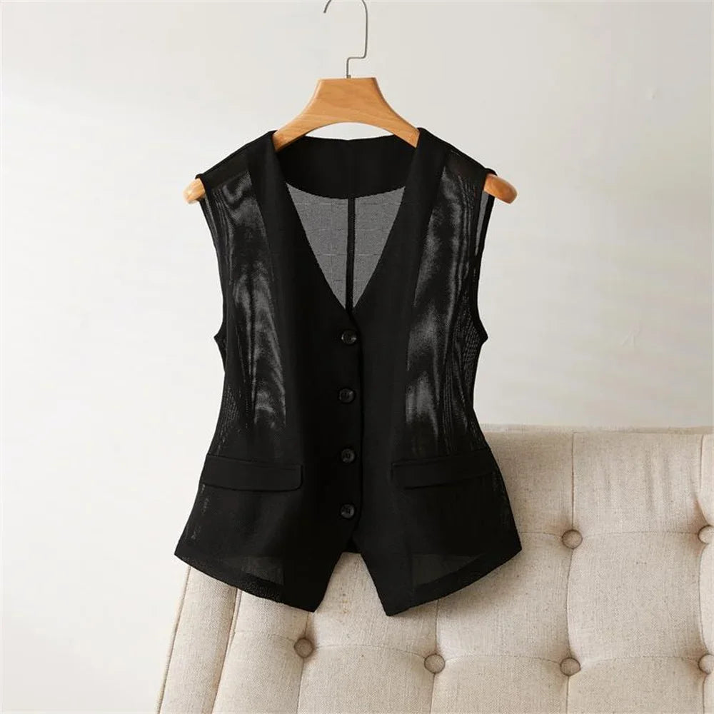 Black sleeveless short waistcoat with mesh panels and buttoned front