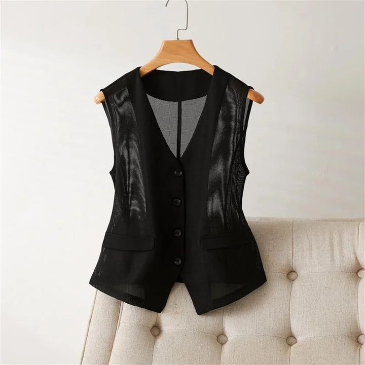 Black sleeveless short waistcoat with mesh panels and buttoned front