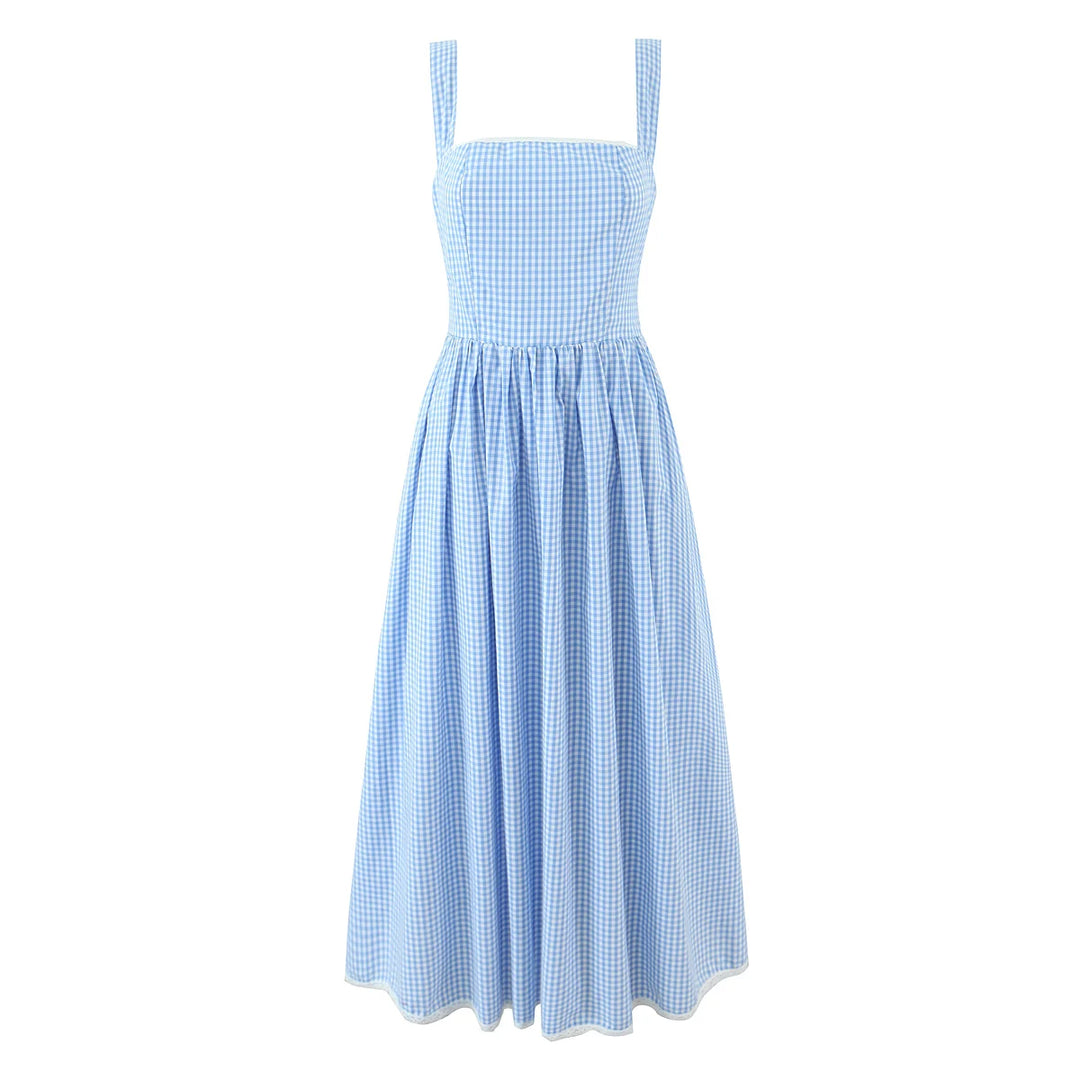 Blue gingham swing midi dress with square neckline and thin shoulder straps
