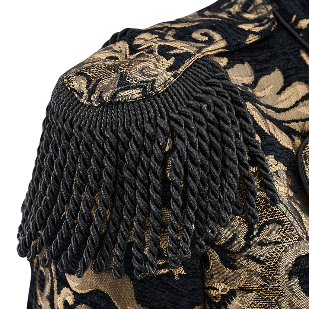Close-up of black-and-gold brocade steampunk coat with fringed epaulet shoulder detail