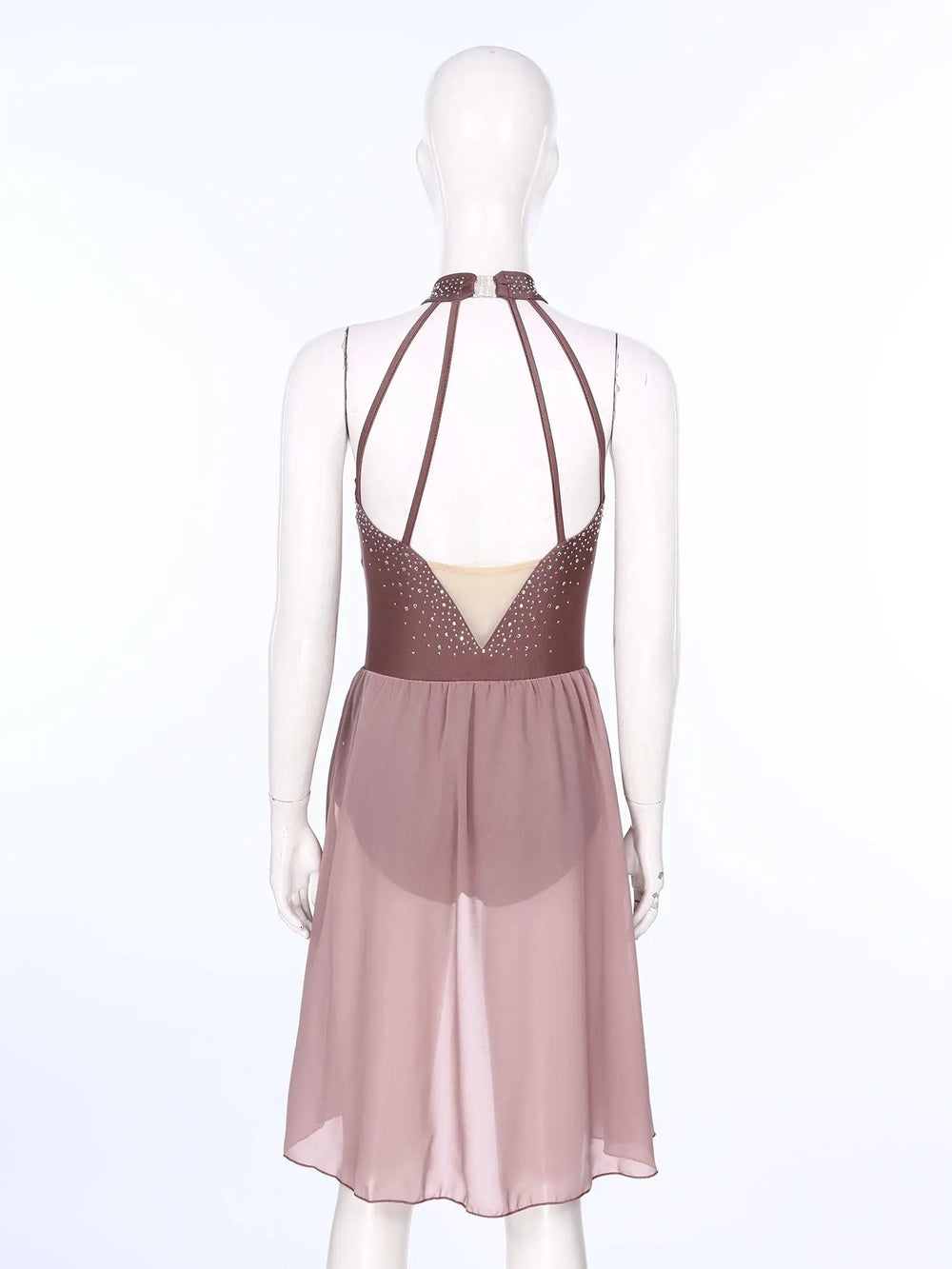Dusty pink rhinestone mesh ballet dress on mannequin, open-back crisscross straps