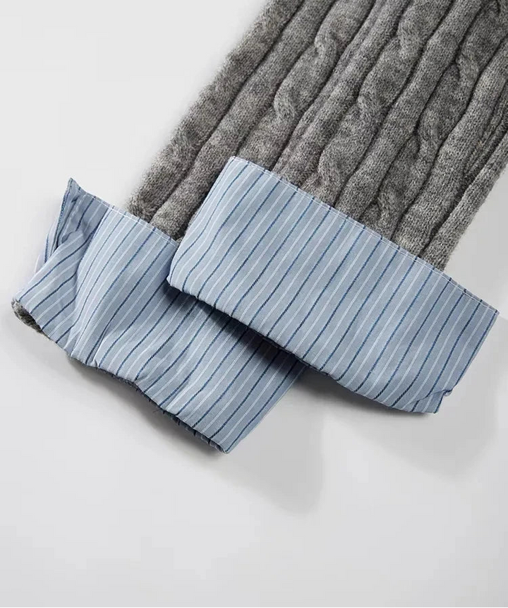 Gray textured fabric and blue striped fabric on a light gray background with 'Canton Story' branding.