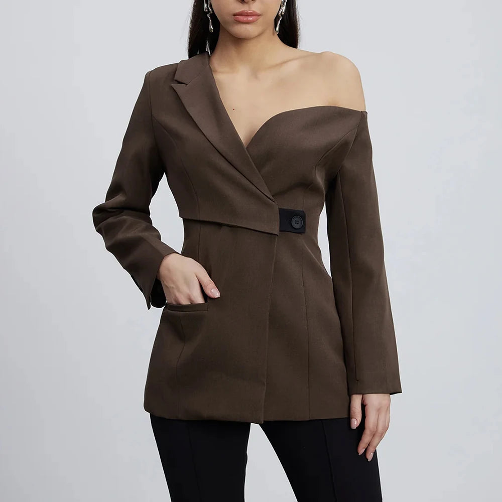 Coffee brown one-shoulder blazer, wrap-style front with single button and long sleeves