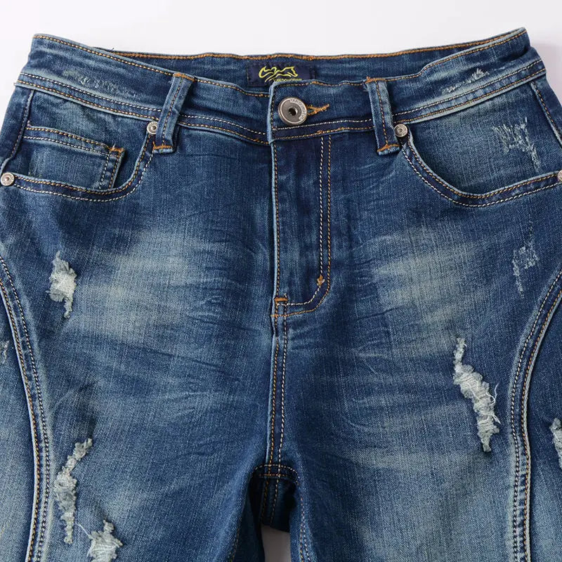 Trendy Elastic Ripped Splicing Denim Pants