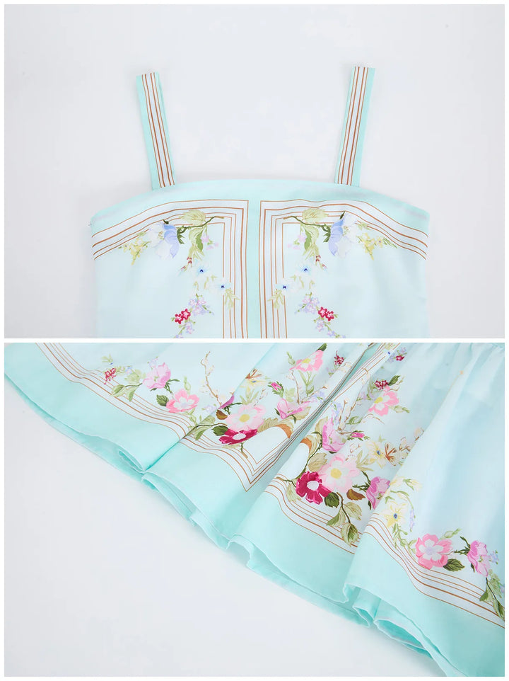 Mint blue floral bodice close-up with striped trim and spaghetti straps, fitted neckline