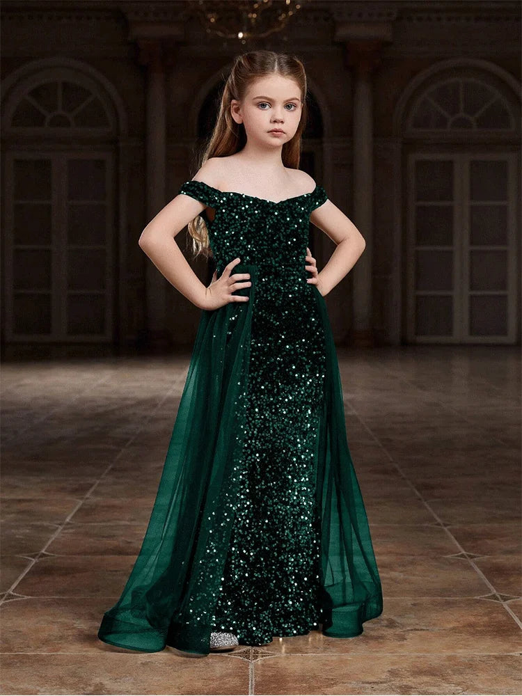 Robe de soirée sans manches en tulle pailleté pour fille