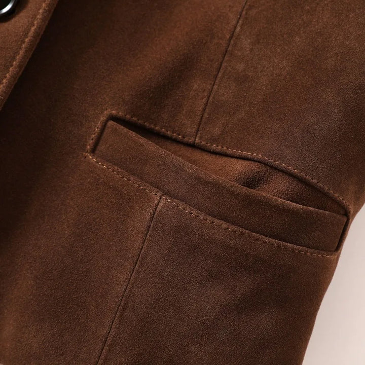 Brown suede leather vest pocket with straight welt and curved seam