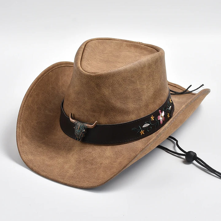 Tan leather wide-brim hat with floral embroidery on black band and tie cords