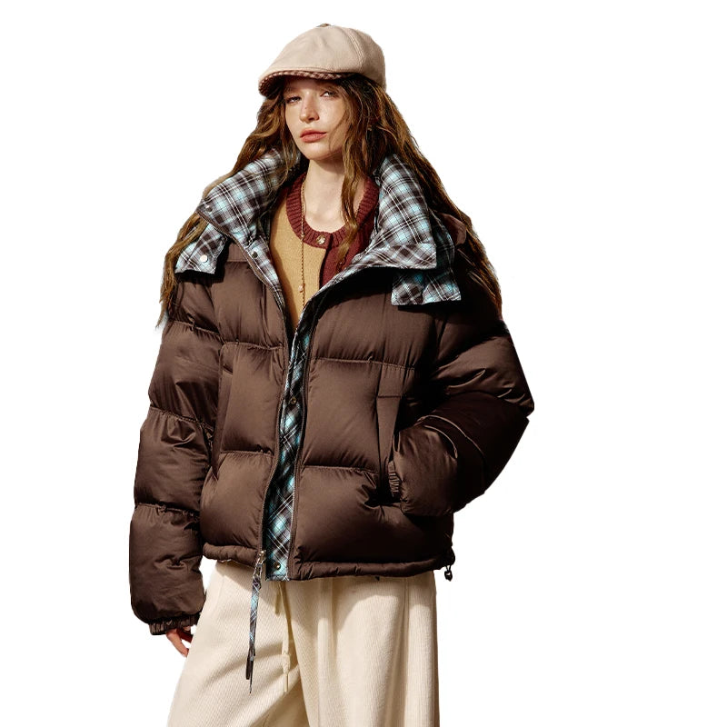 Brown hooded puffer jacket with blue plaid lining and cream drawstring hood