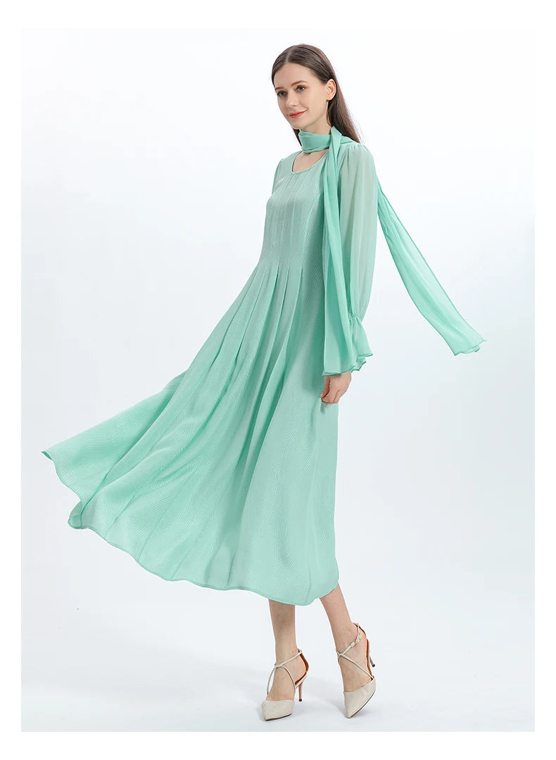Flare Long Sleeves Silk Dress