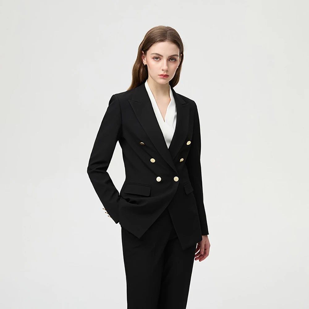 Women’s black blazer-and-trouser office suit set with gold buttons and V-neck blouse