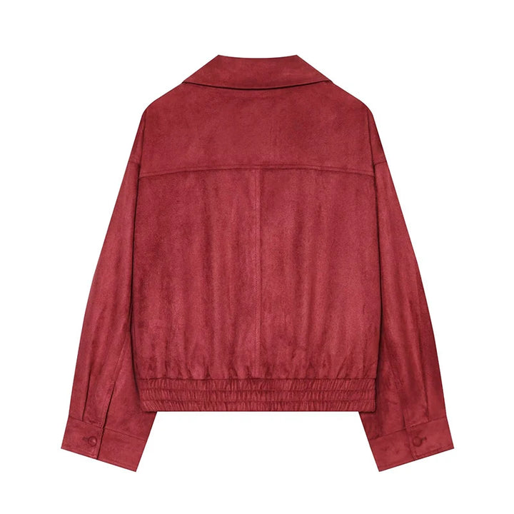 Red faux suede biker jacket back view with yoke seams and elastic hem