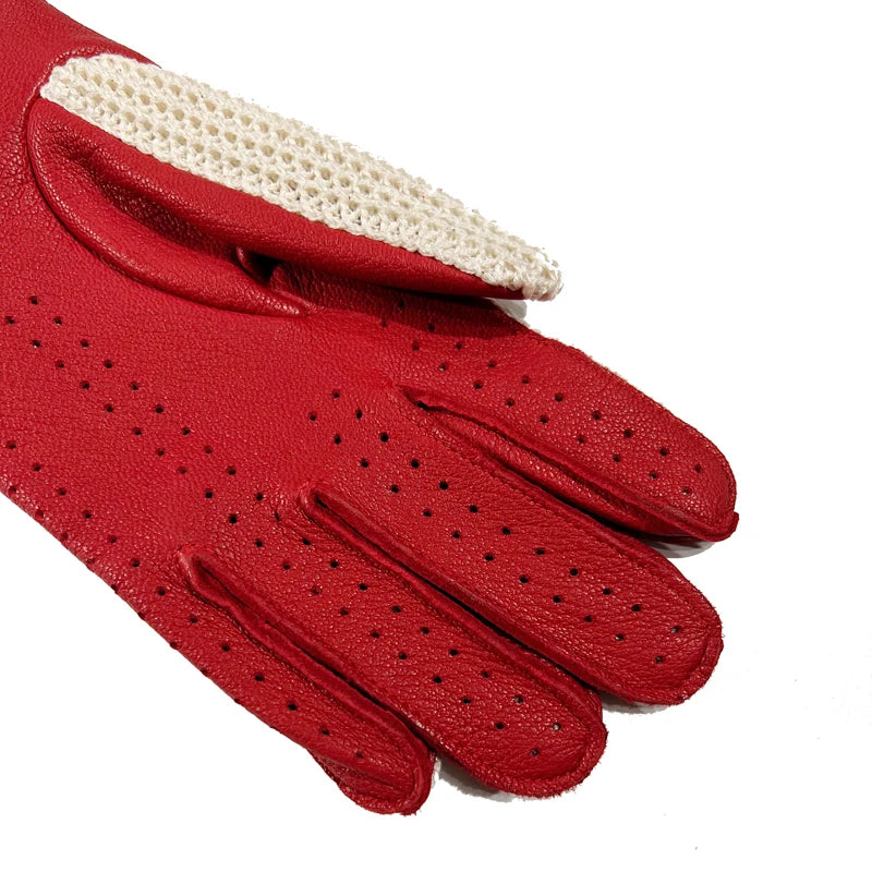 Red leather men’s knitted gloves with perforated pattern and knit cuff hem.