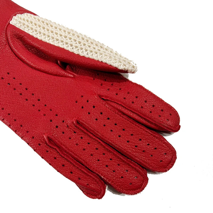 Red leather men’s knitted gloves with perforated pattern and knit cuff hem.