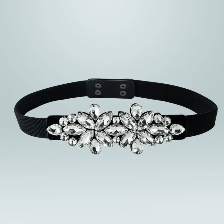 Rhinestone corset waist belt with black strap and silver crystal flower clusters