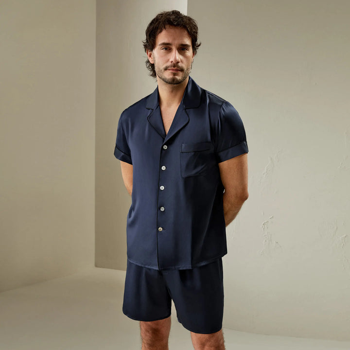 Contrast Trim Short Silk Pajama Set