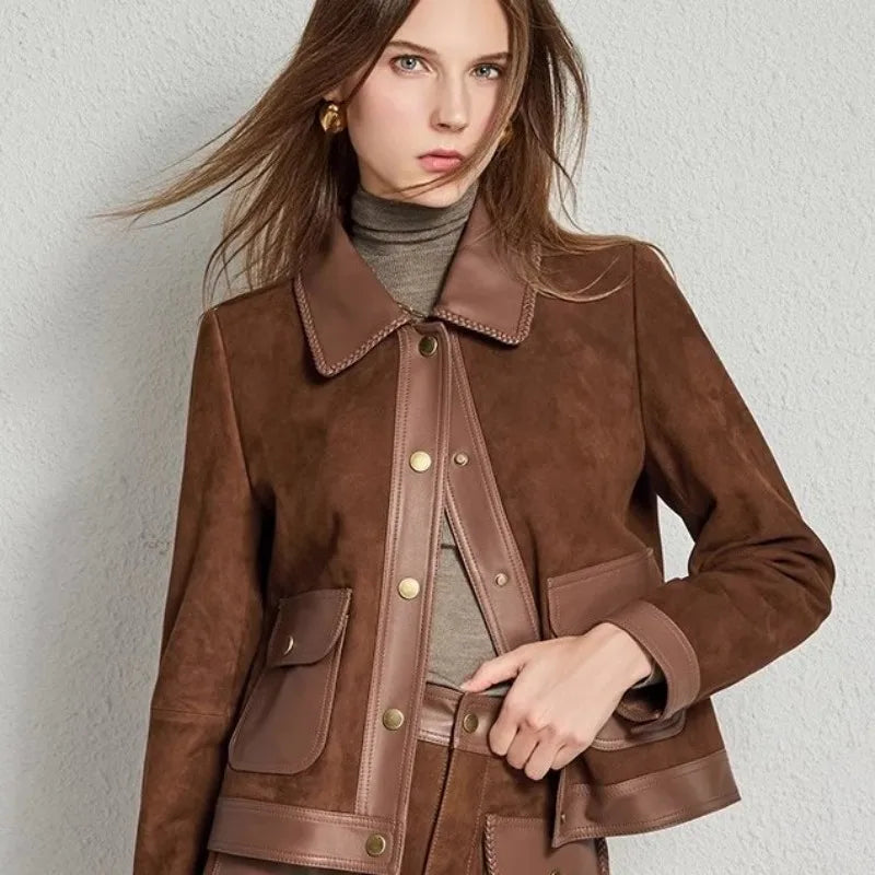 Brown suede lapel jacket with snap placket, stand collar, and patch pockets.