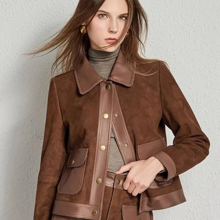 Brown suede lapel jacket with snap placket, stand collar, and patch pockets.