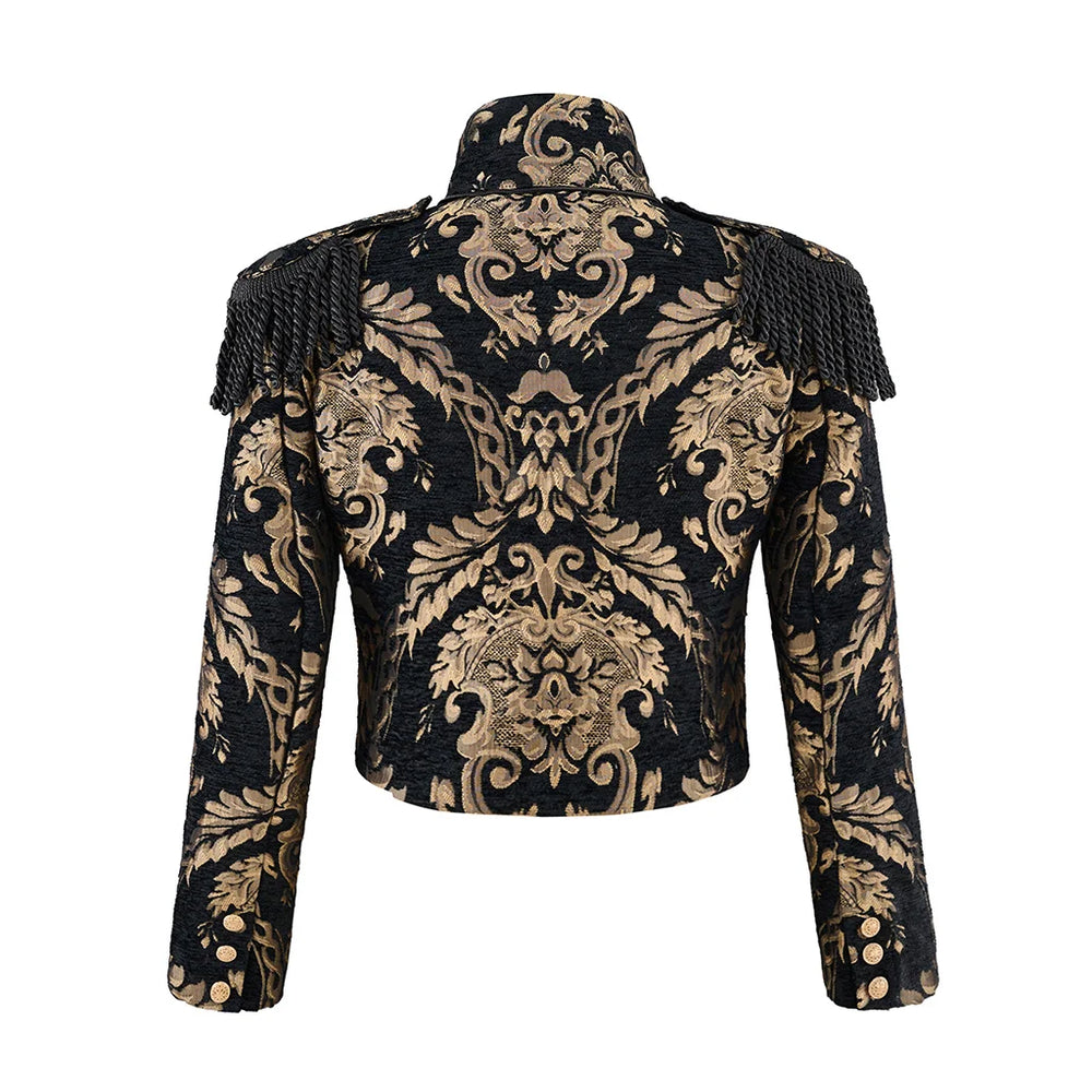 Women’s steampunk coat, back view: black and gold ornate brocade, stand collar