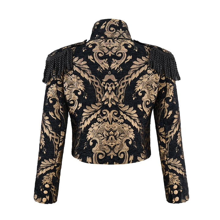 Women’s steampunk coat, back view: black and gold ornate brocade, stand collar