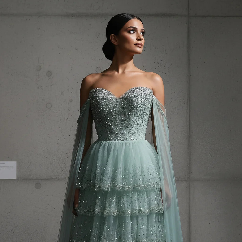 Charming Beaded Tiered Arabic Evening Gown